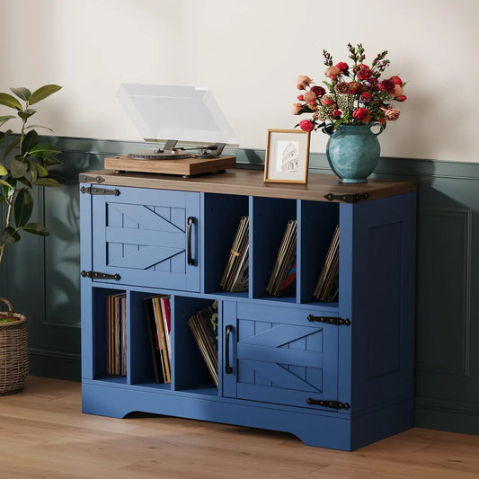 HiMiss Farmhouse Vinyl Record Player Storage Cabinet With Barn Doors