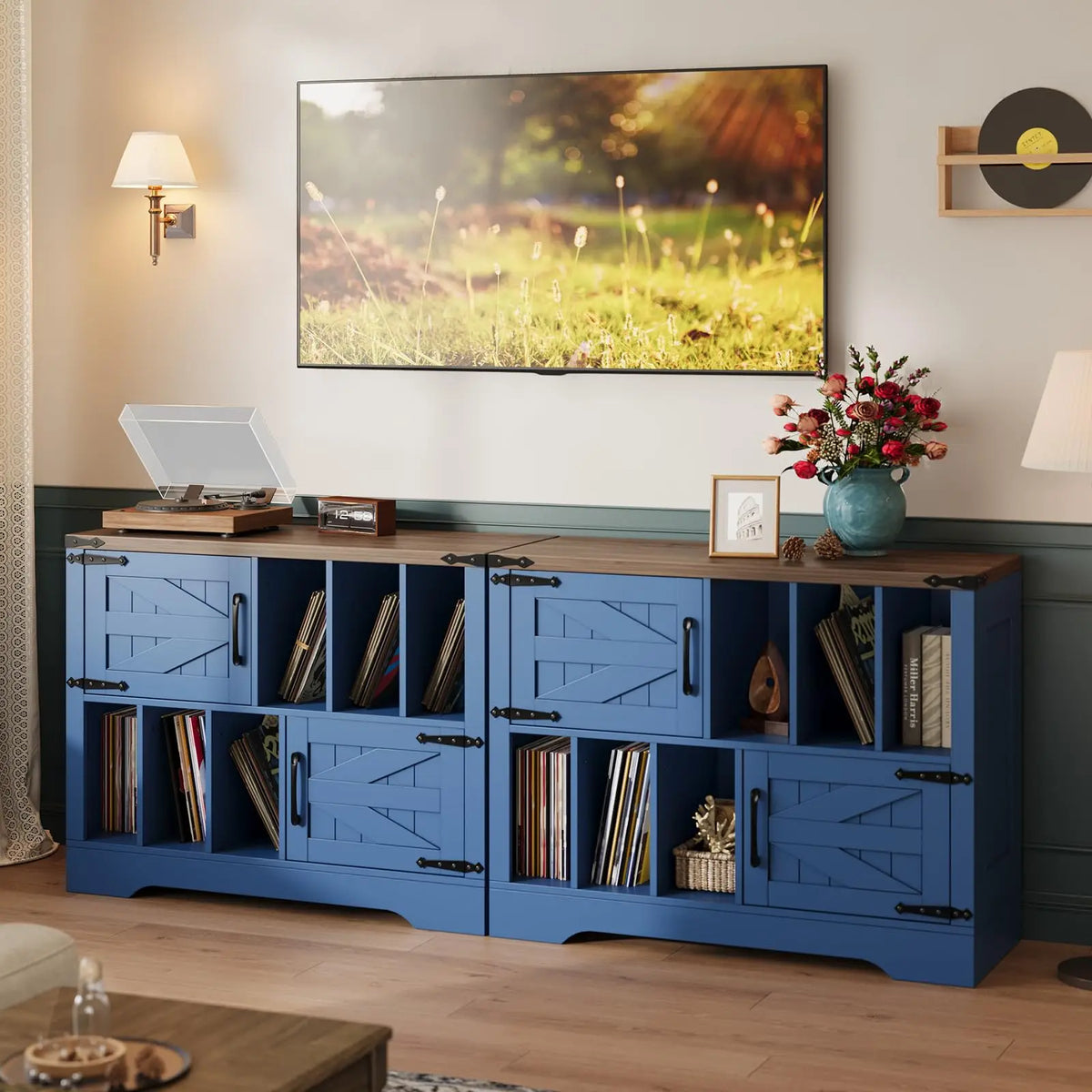 HiMiss Farmhouse Vinyl Record Player Storage Cabinet With Barn Doors