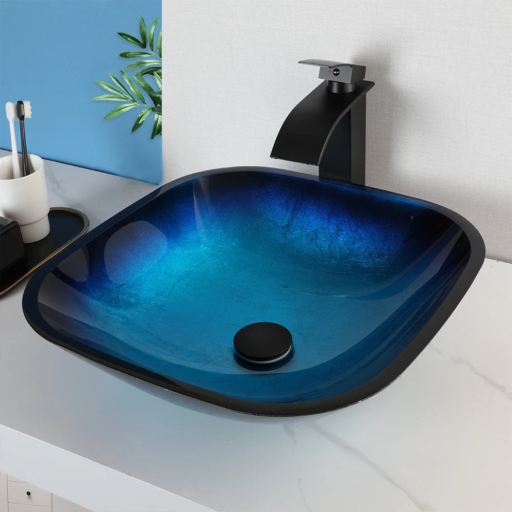 Mekkhalara Tempered Glass Bathroom Vessel Sink With Drain