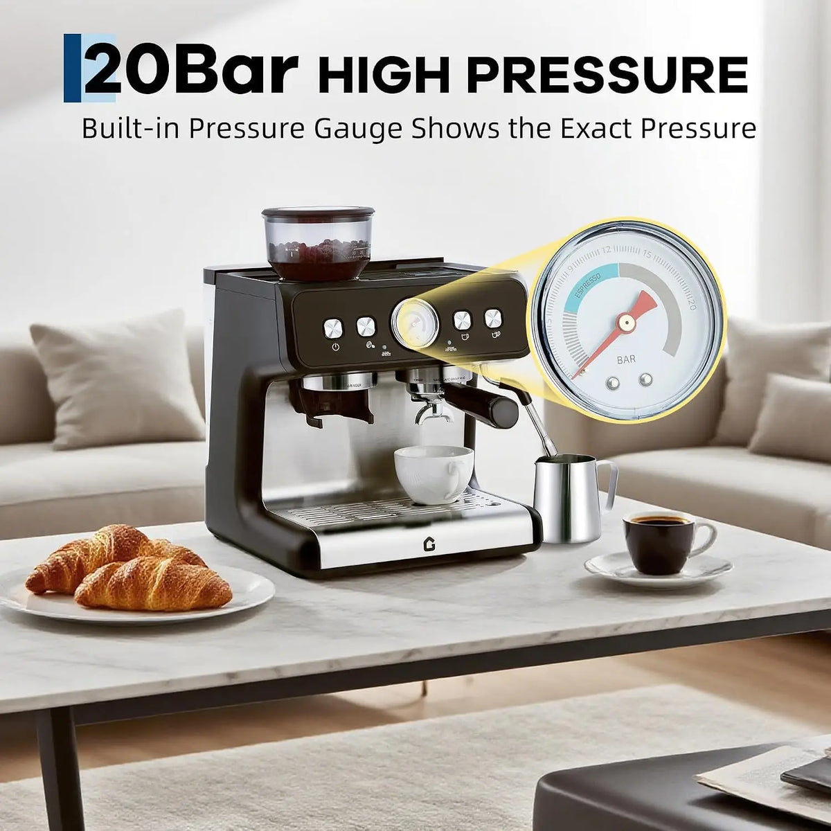 HiMISS Espresso Machine With Integrated Grinder And 20 Bar Pressure