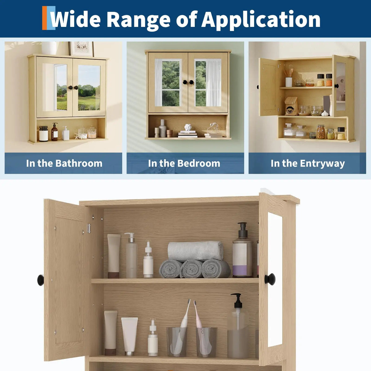 HiMISS Wall Mounted Wooden Bathroom Cabinet With Mirrored Doors