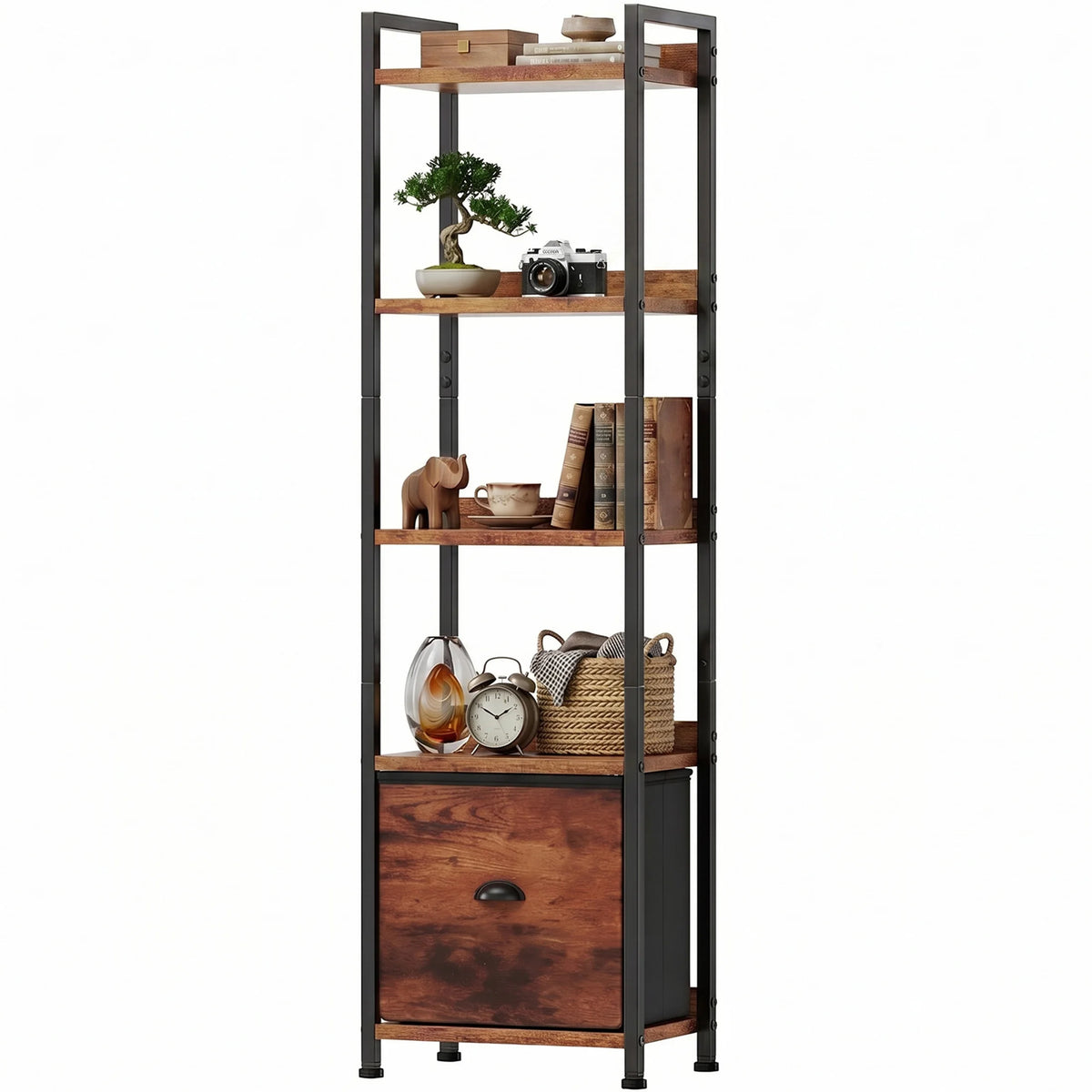 Industrial Metal Bookshelf With Fabric Drawer For Home Storage