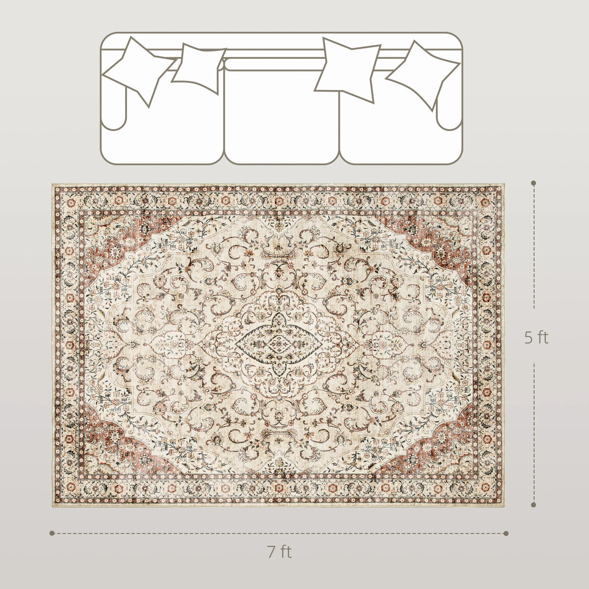 HOMCOM Machine Washable Area Rug Geometric Polyester Medallion Pattern