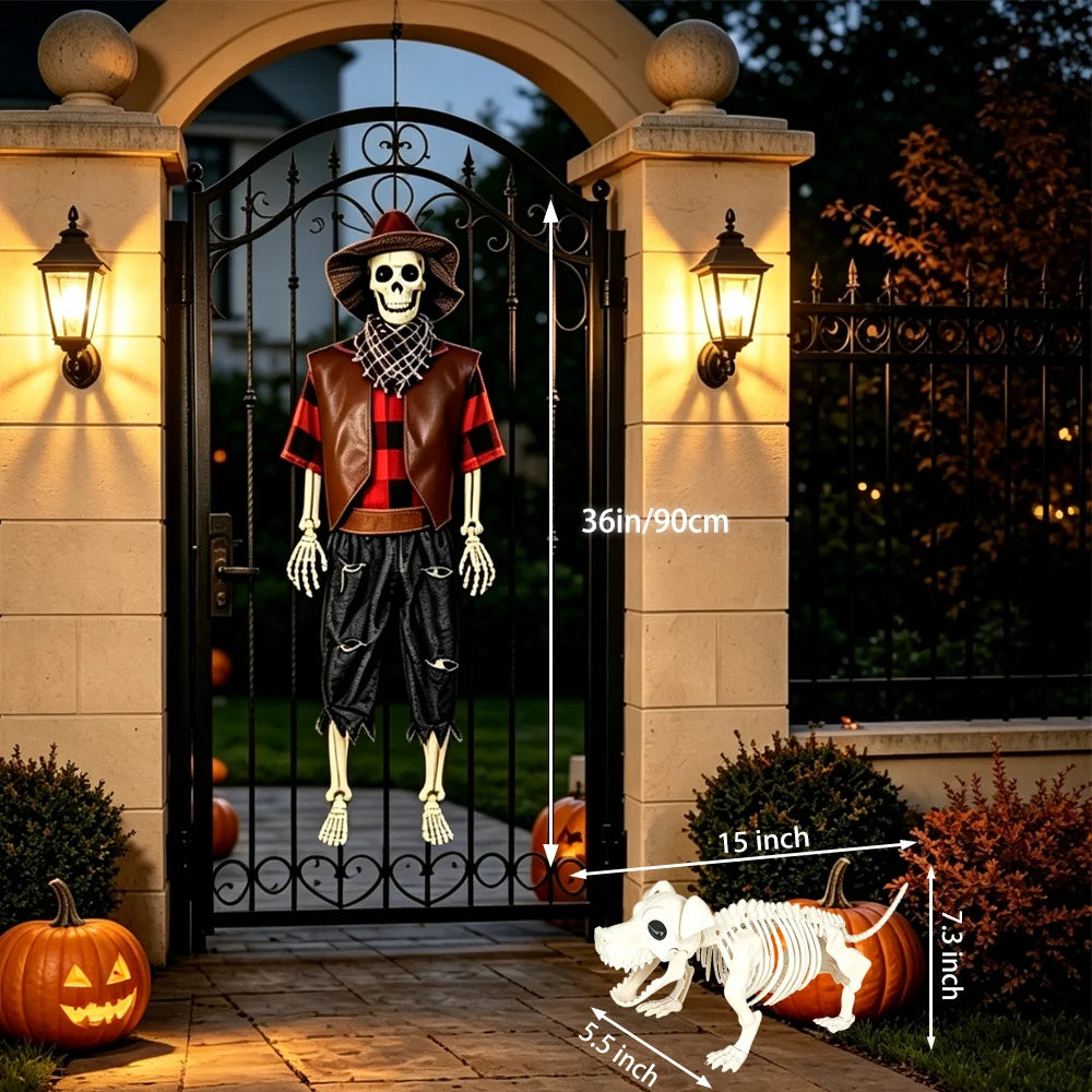 Posable Cowboy Skeleton With Dog Halloween Outdoor Decorations