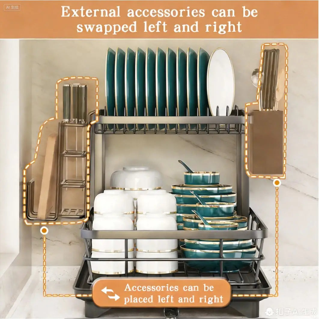 Double Layer Carbon Steel Kitchen Cutlery Rack With Cup Holder