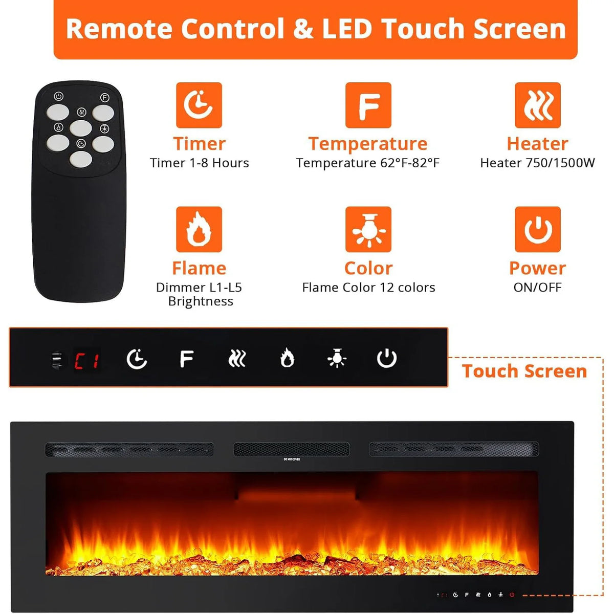 Adoolla Electric Fireplace Wall Mounted And Recessed Remote Control