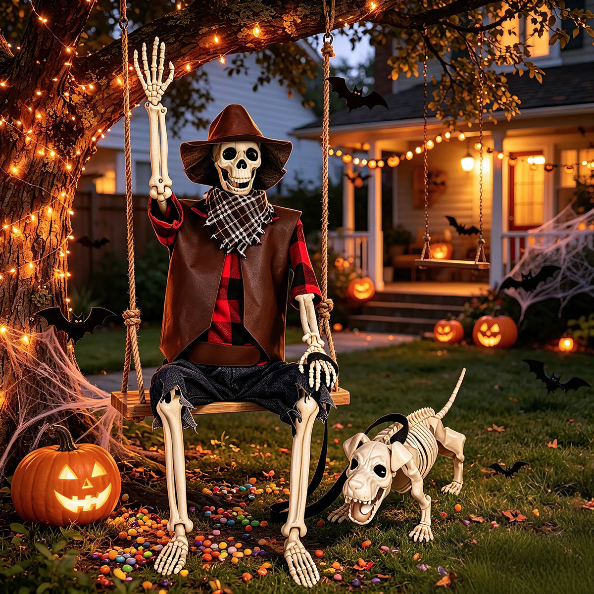 Posable Cowboy Skeleton With Dog Halloween Outdoor Decorations