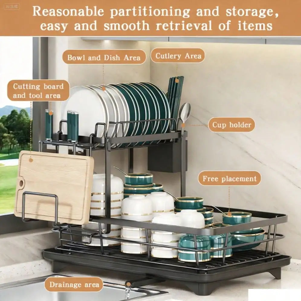 Double Layer Carbon Steel Kitchen Cutlery Rack With Cup Holder