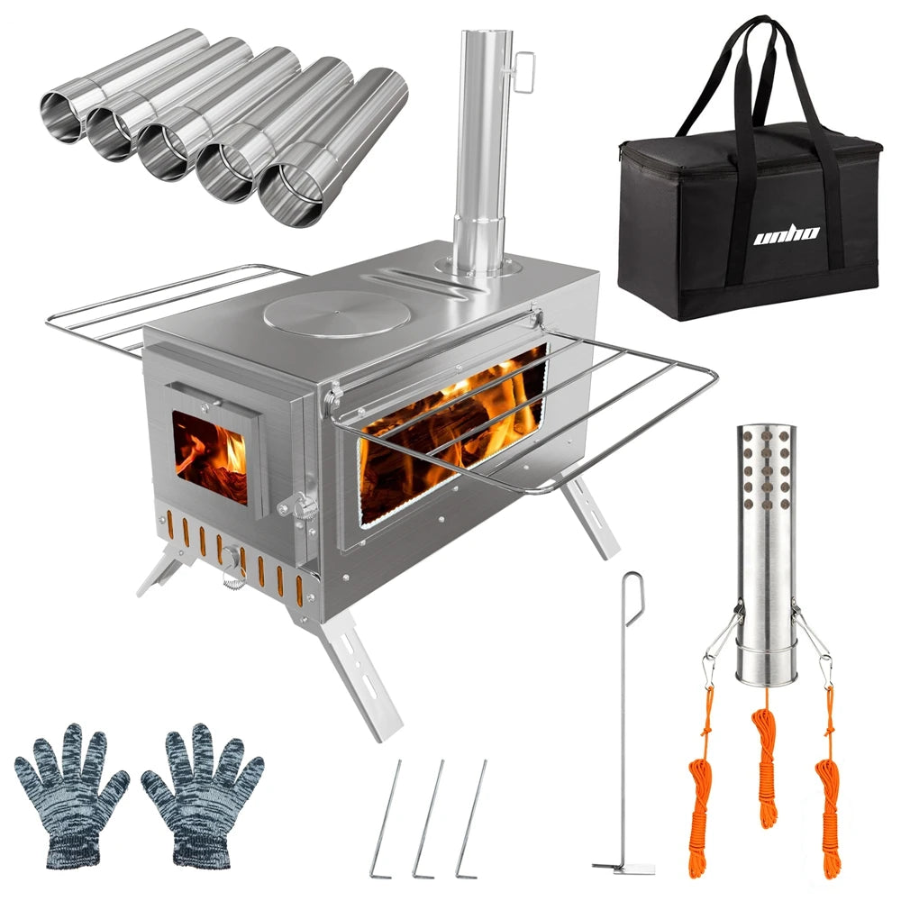 Portable Stainless Steel Wood Burning Camping Stove With Chimney Pipes