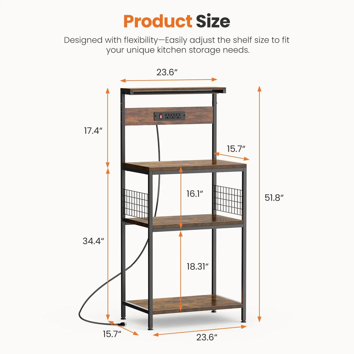JHK Modern Kitchen Bakers Rack With Power Outlet Shelf