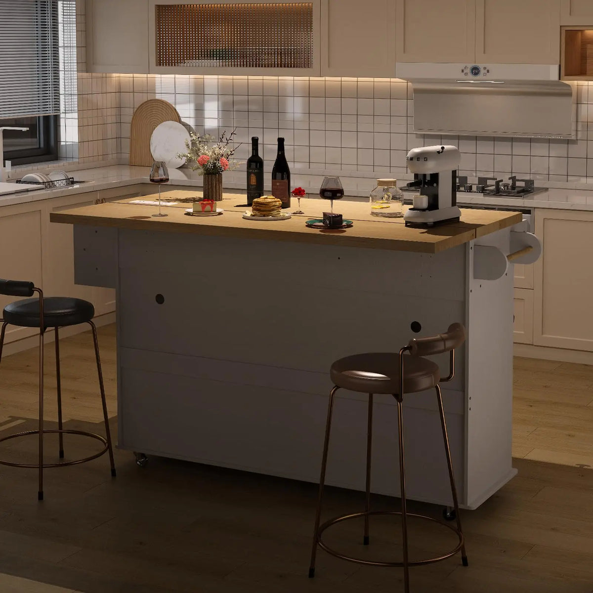Onbrill Rolling Kitchen Island Cart With Power Outlet Spice Rack
