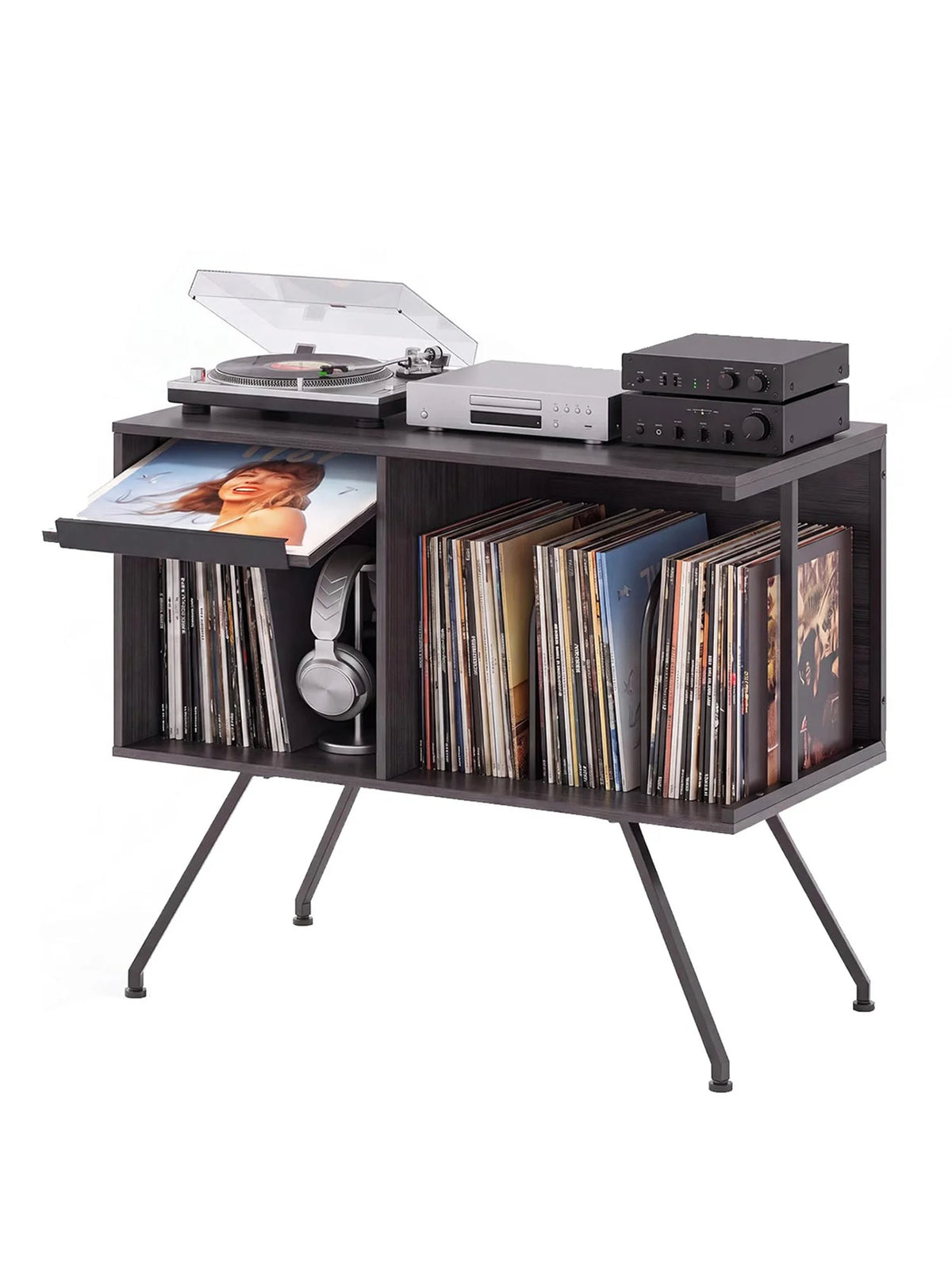 HiMISS Wooden Flip Top Record Player Stand Vinyl Storage Cabinet