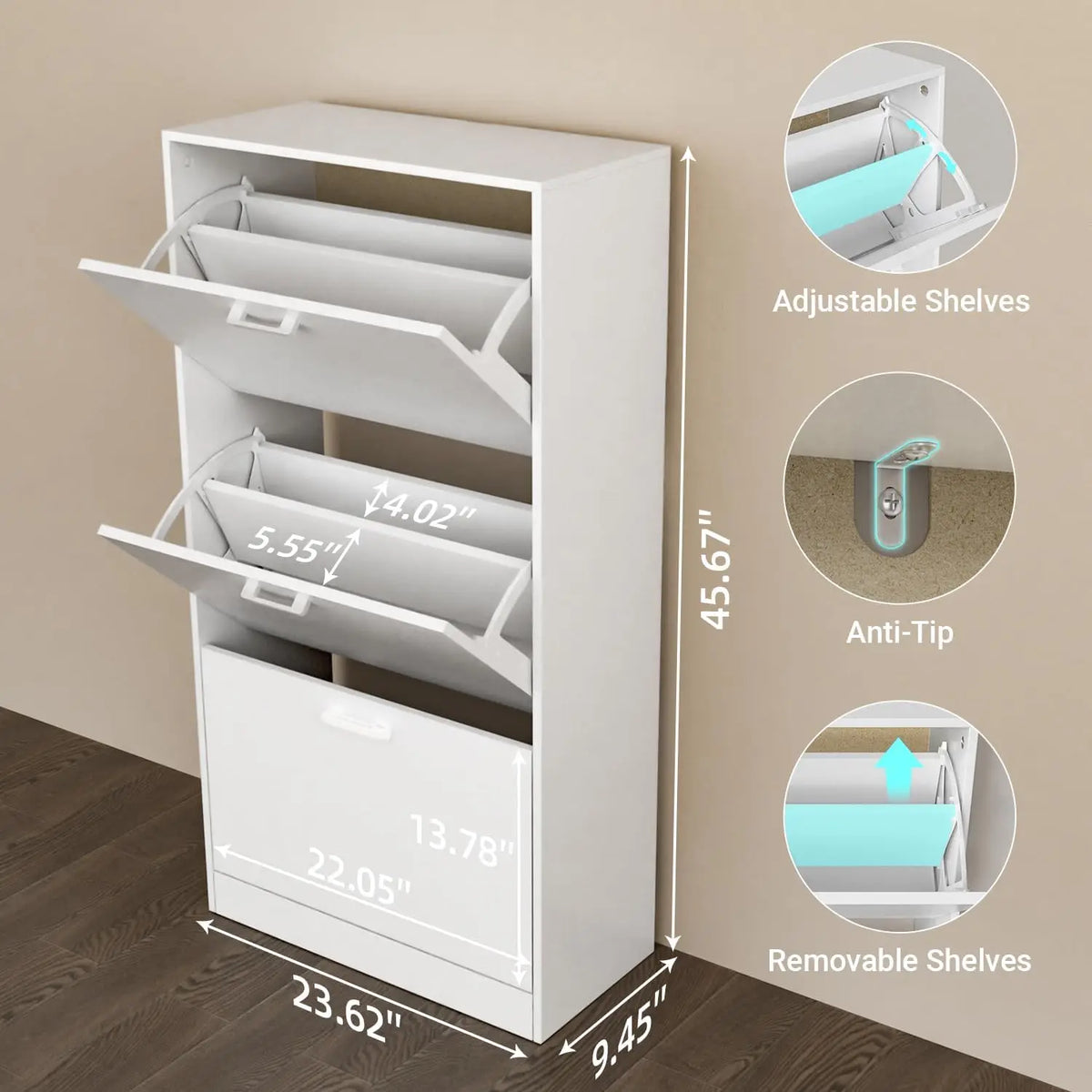 Wooden Freestanding Shoe Cabinet With Flip Drawer Storage