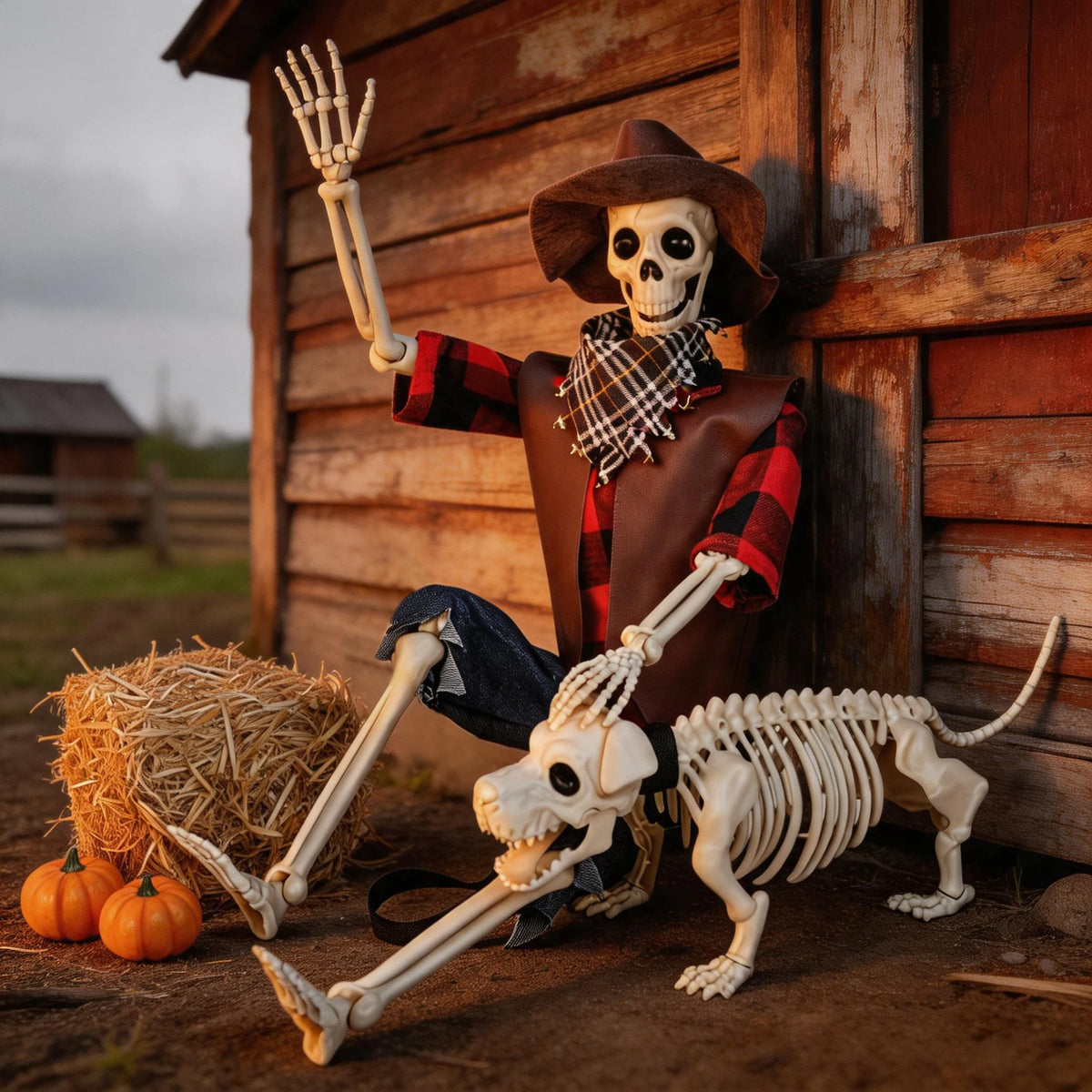 Posable Cowboy Skeleton With Dog Halloween Outdoor Decorations
