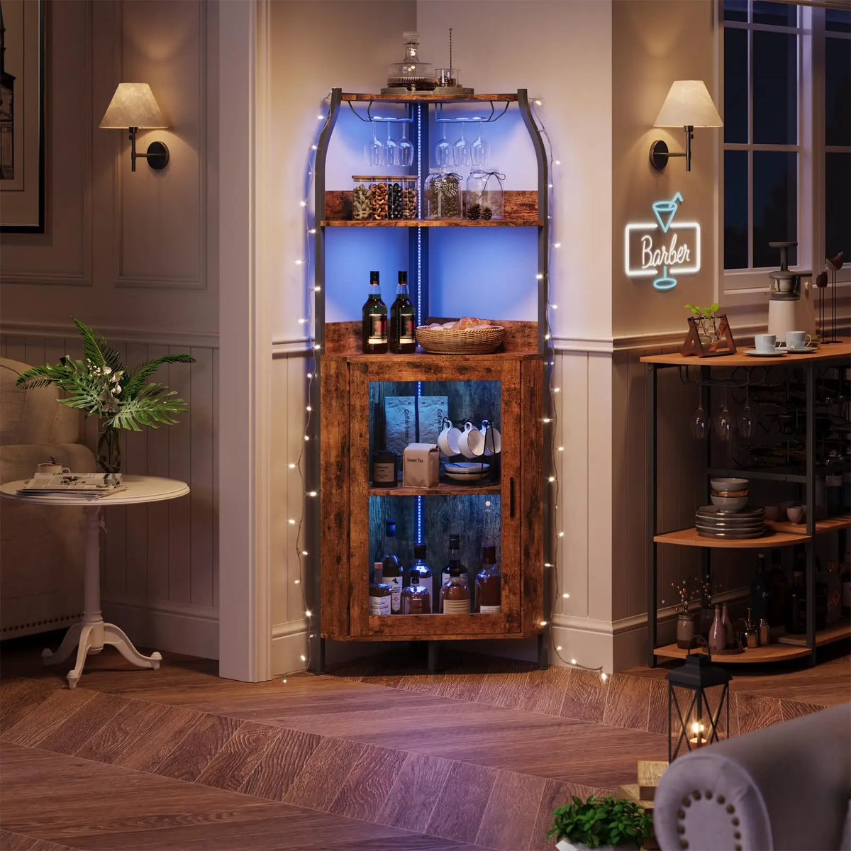 HiMISS Corner Bar Cabinet With LED Lights And Outlet