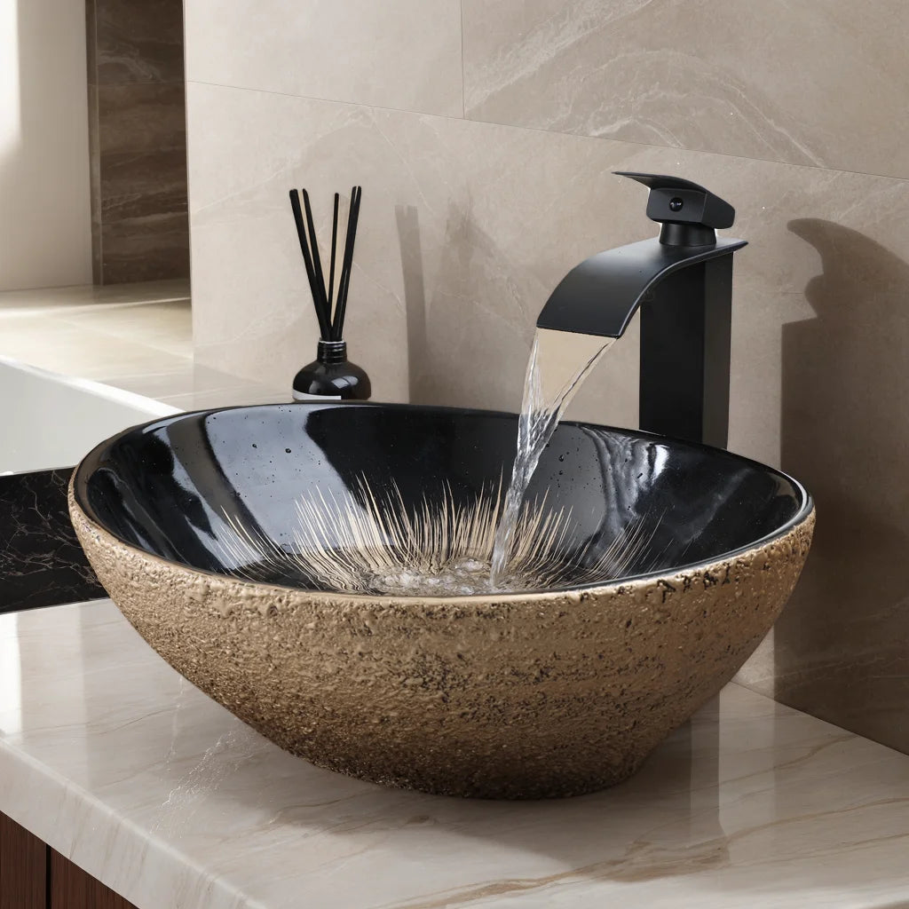 Mekkhalo Oval Vessel Sink With Waterfall Faucet Above Counter Ceramic