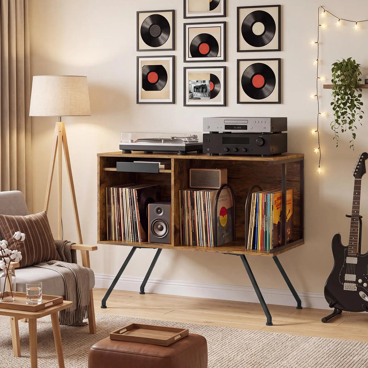 HiMISS Wooden Flip Top Record Player Stand Vinyl Storage Cabinet