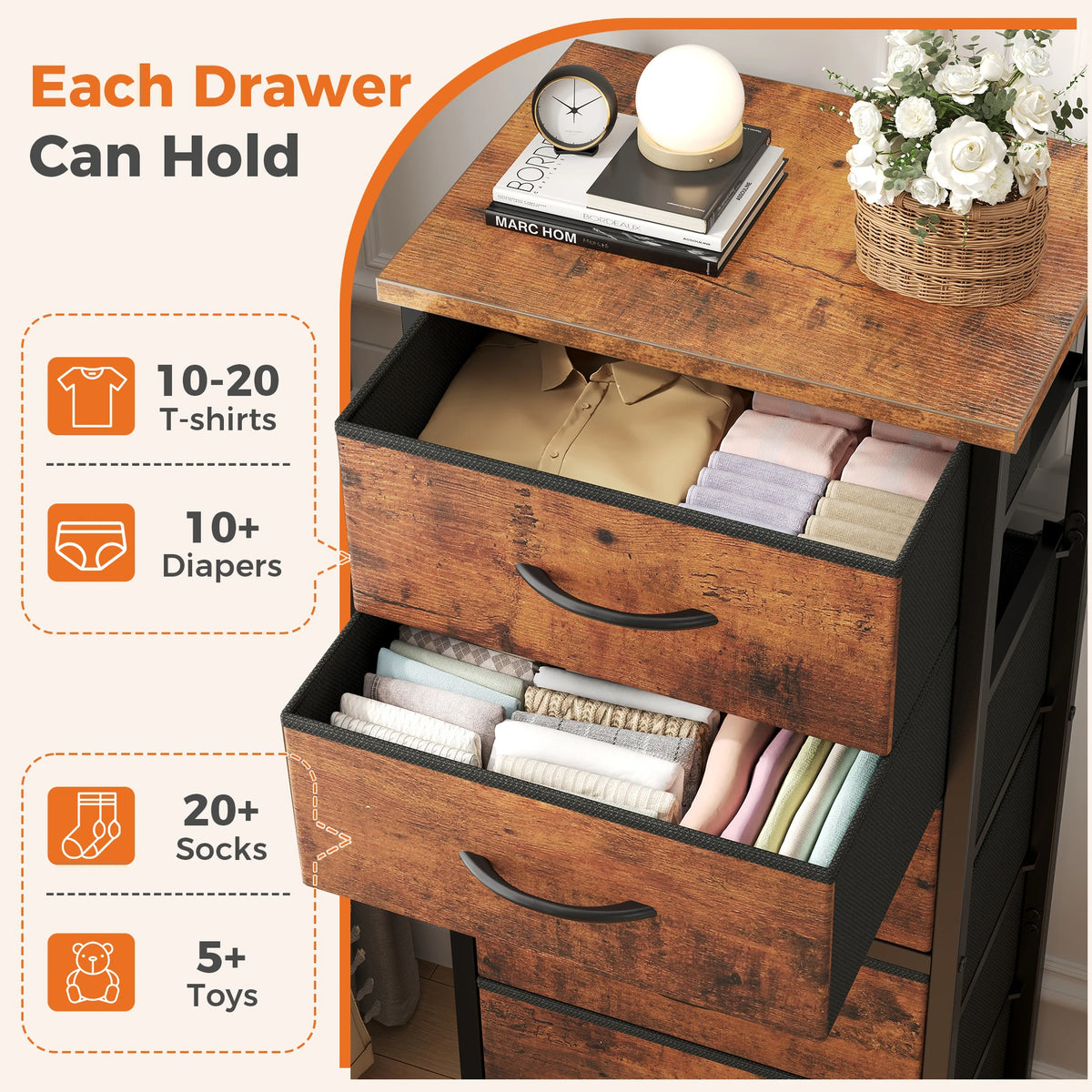 JHK 6 Fabric Drawer Dresser Wood Top Metal Frame Tower