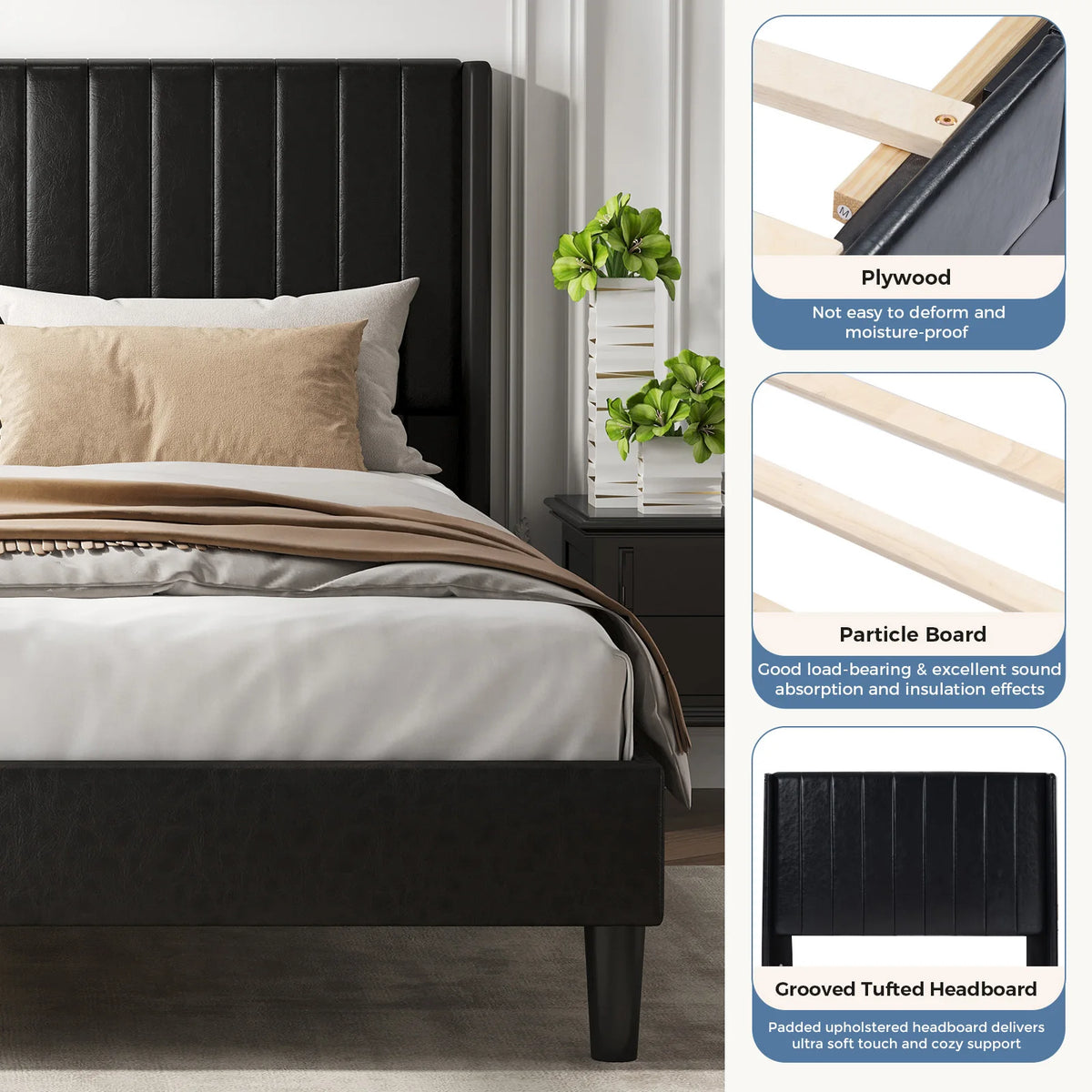 JHK Modern Wingback Platform Bed Frame With Upholstered Headboard Design