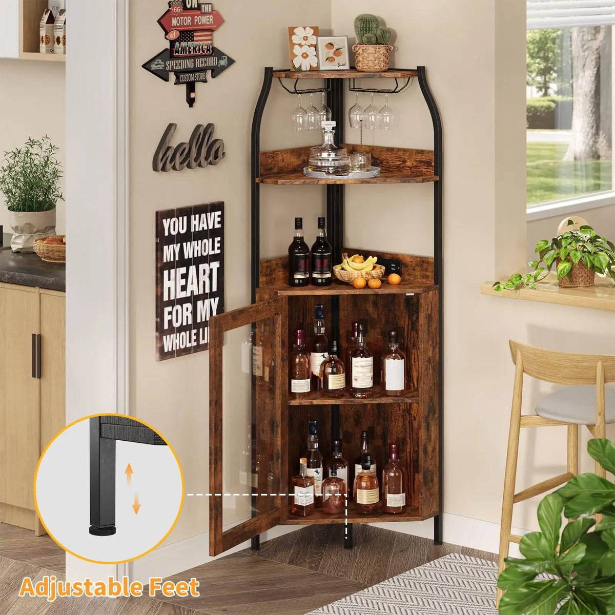 HiMISS Corner Bar Cabinet With LED Lights And Outlet