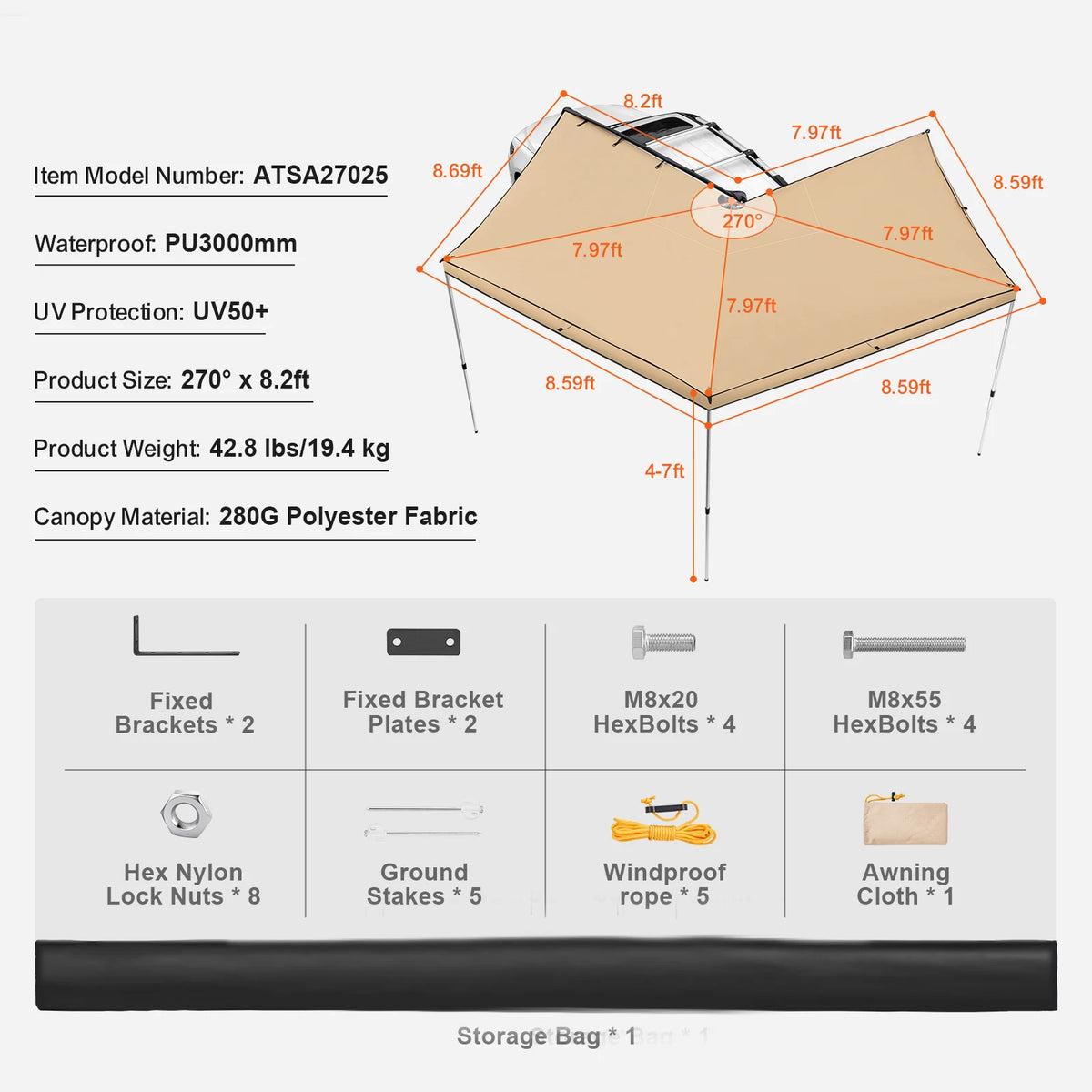SucceBuy Retractable Vehicle Awning With Waterproof Storage Bag