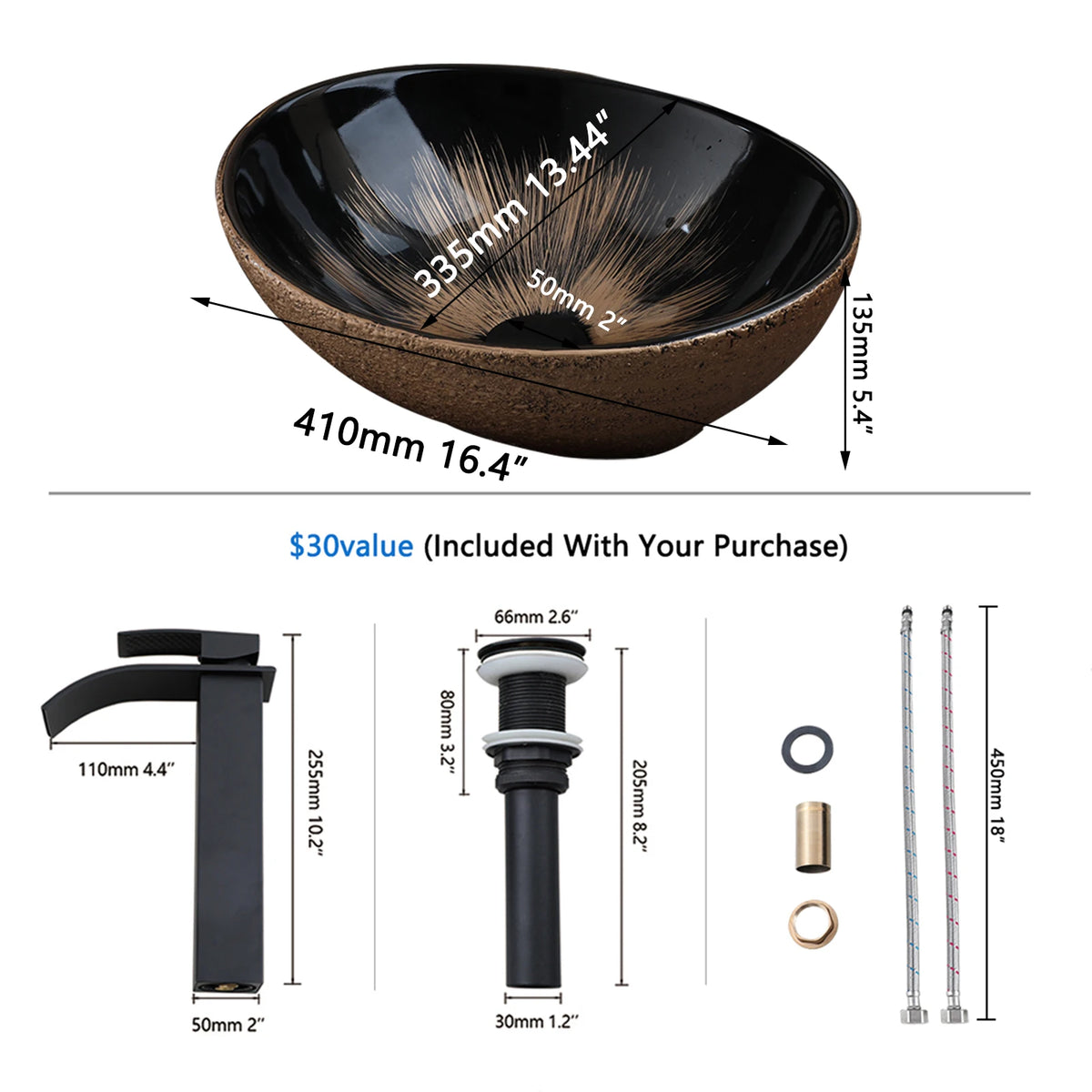 Mekkhalo Oval Vessel Sink With Waterfall Faucet Above Counter Ceramic
