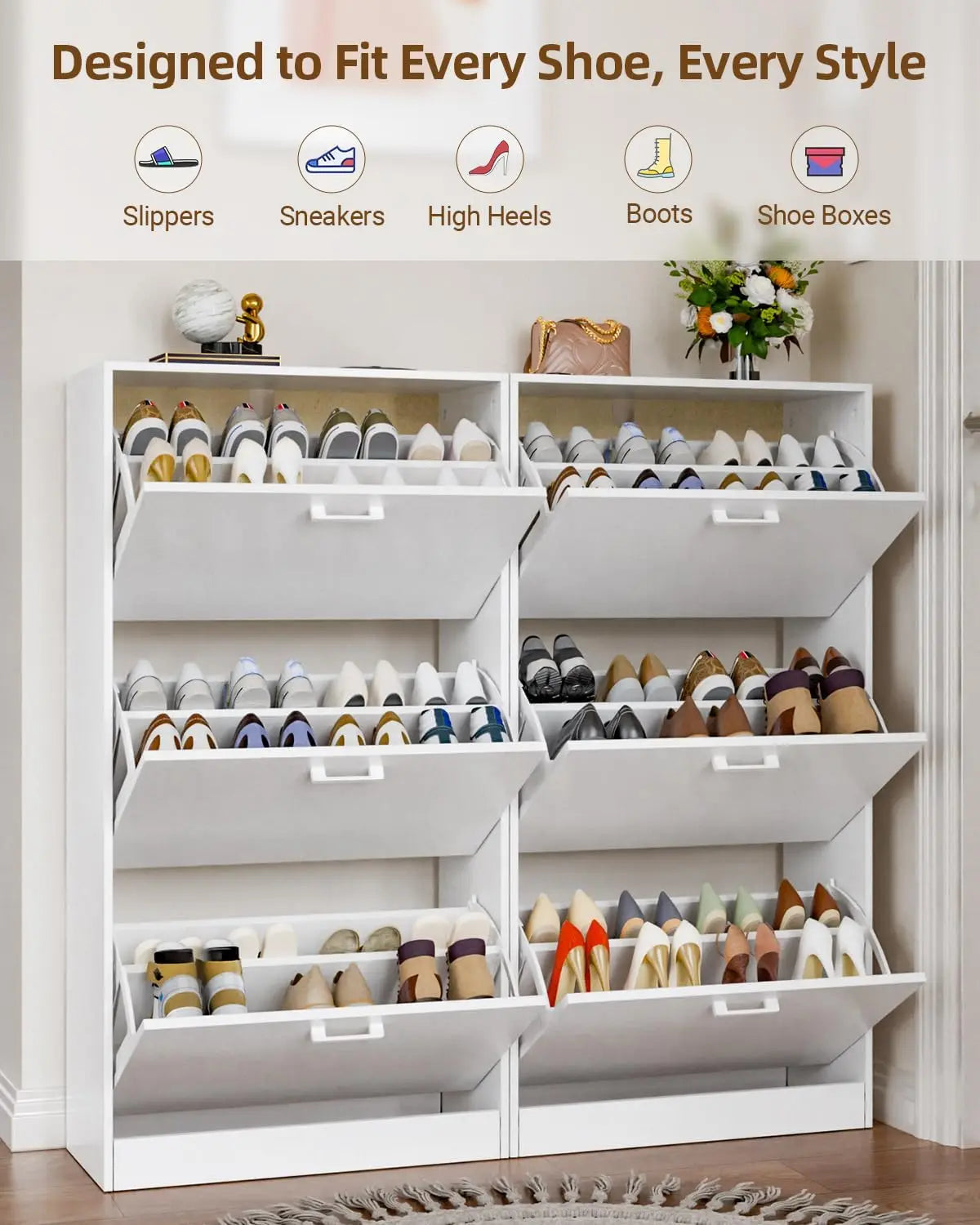 Wooden Freestanding Shoe Cabinet With Flip Drawer Storage