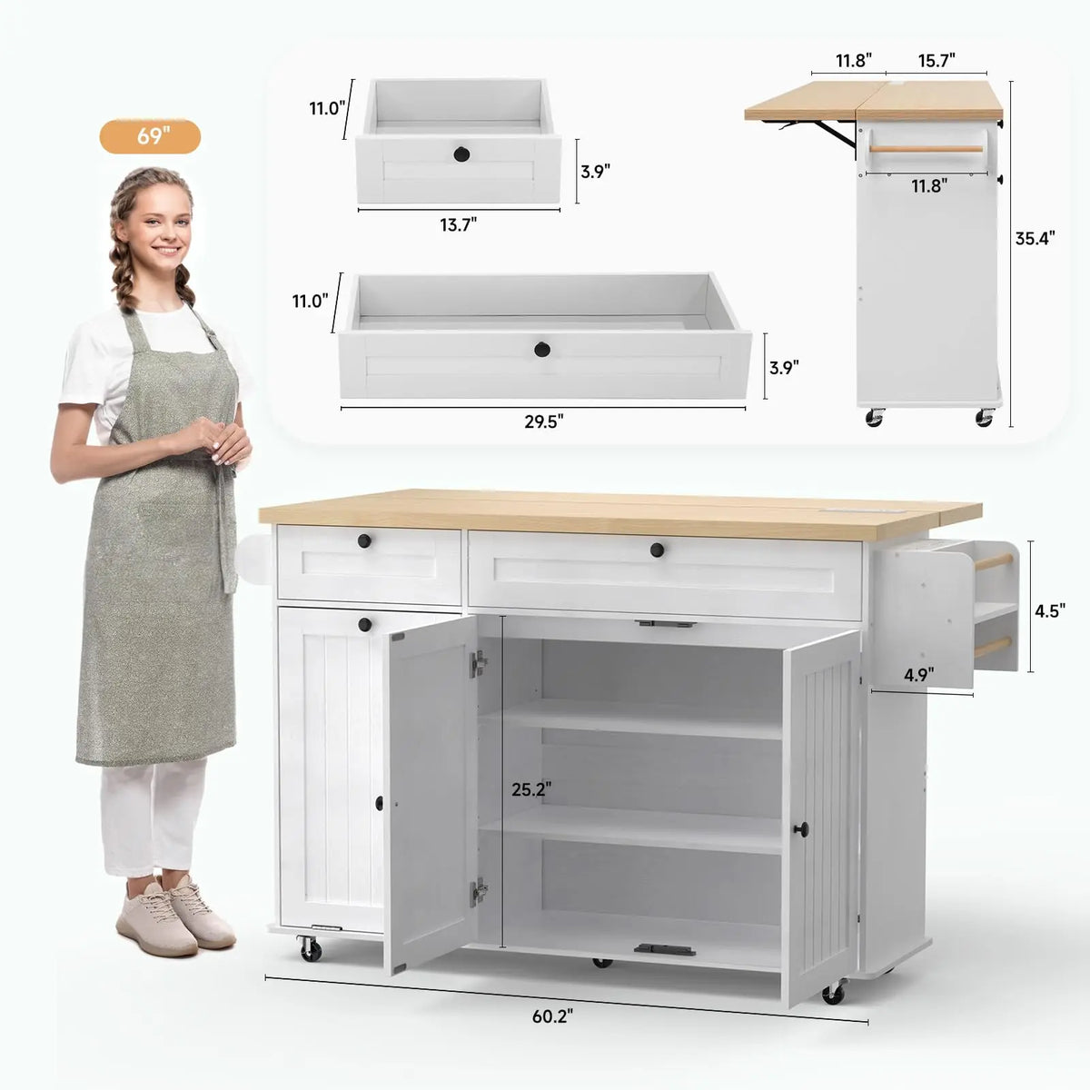 Onbrill Rolling Kitchen Island Cart With Power Outlet Spice Rack