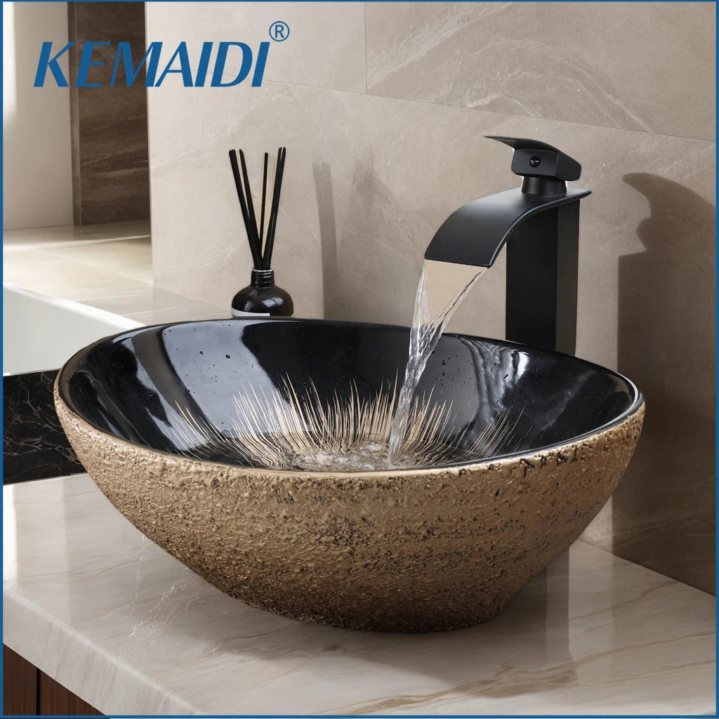 Mekkhalo Oval Vessel Sink With Waterfall Faucet Above Counter Ceramic