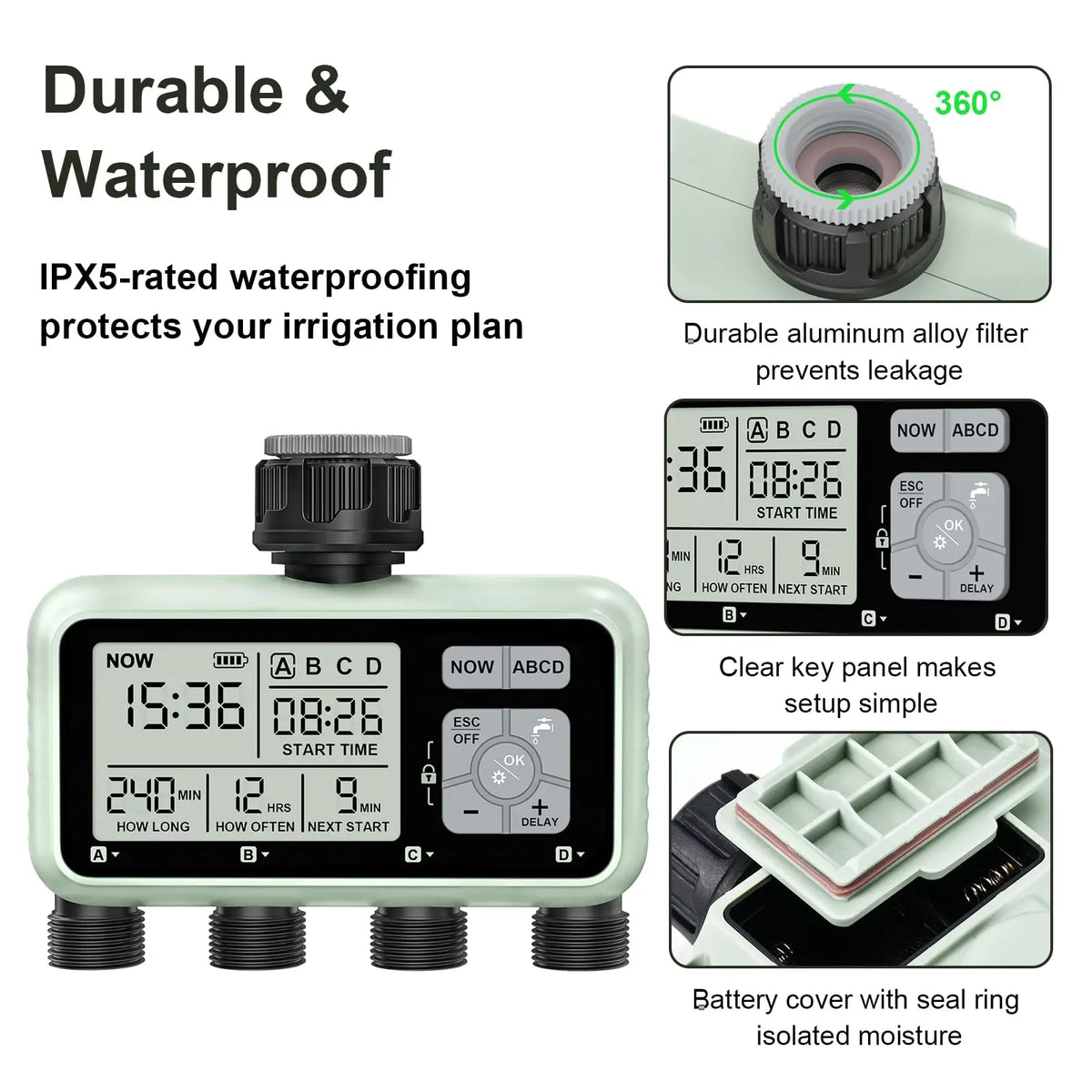 4 Zone Programmable Garden Watering Timer With Rain Delay And Auto Mode