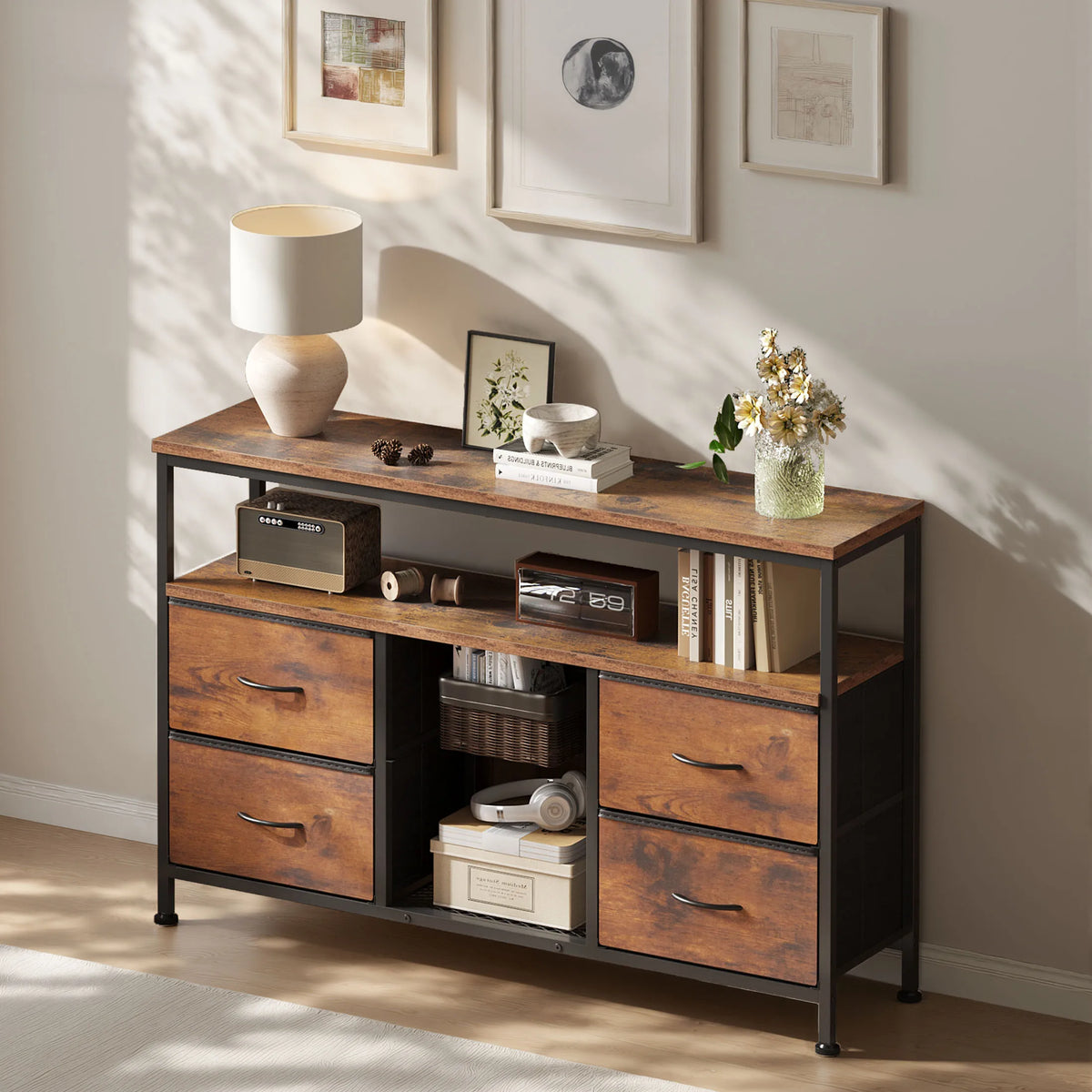 Jhk Metal Media Console Featuring Four Drawers And Led Lighting