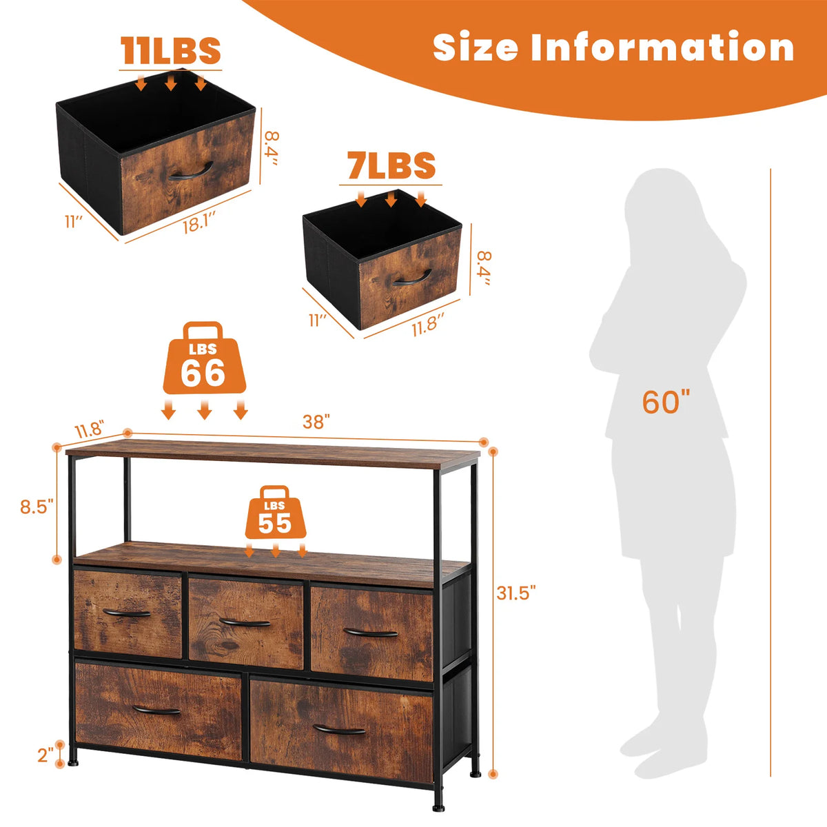 JHK Five Drawer Shoe Cabinet And TV Stand Home Organization