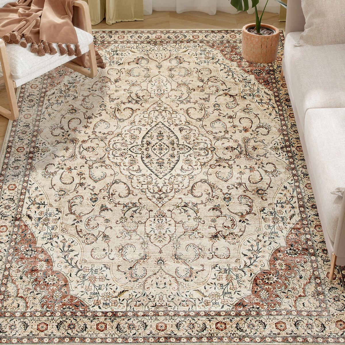 HOMCOM Machine Washable Area Rug Geometric Polyester Medallion Pattern
