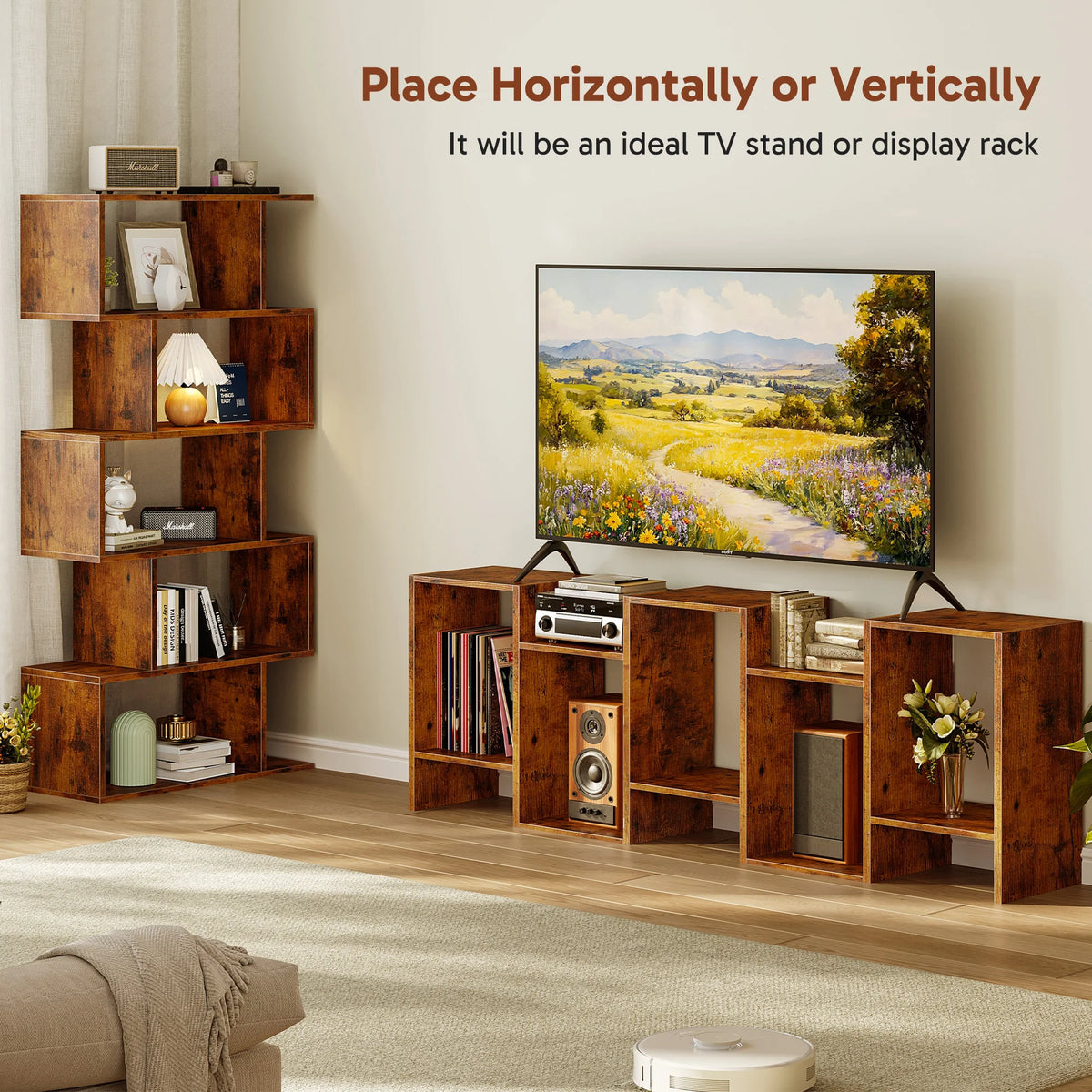 JHK Five Tier Geometric Wooden Bookcase Free Standing Display Shelf