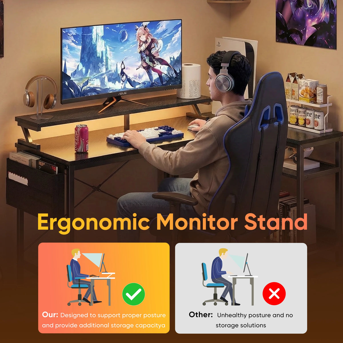JHK L Shaped Computer Desk With Storage And LED Lights