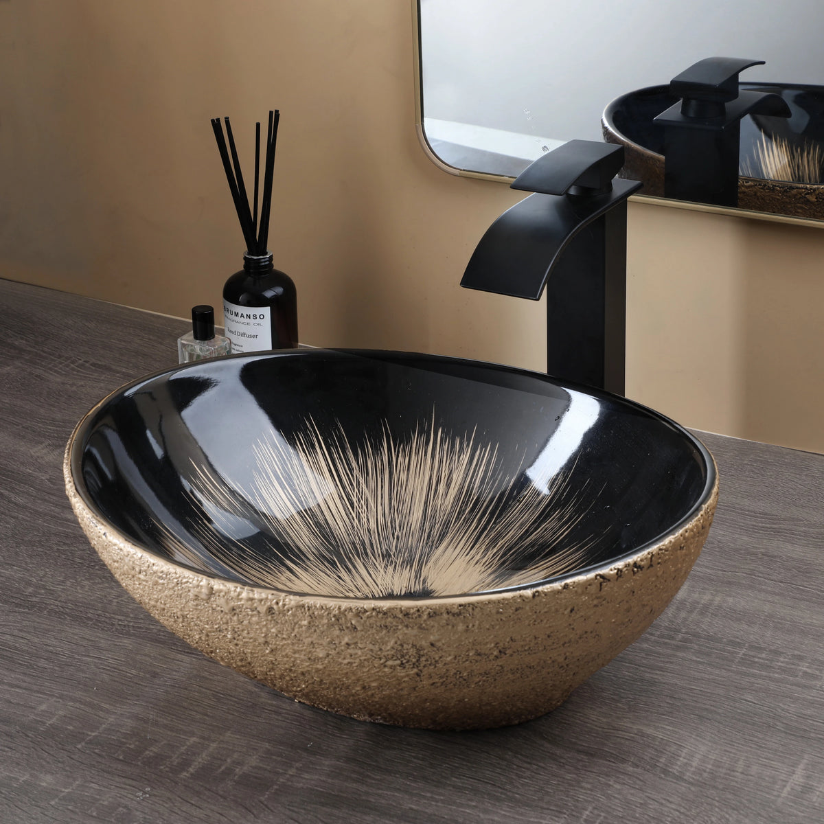 Mekkhalo Oval Vessel Sink With Waterfall Faucet Above Counter Ceramic