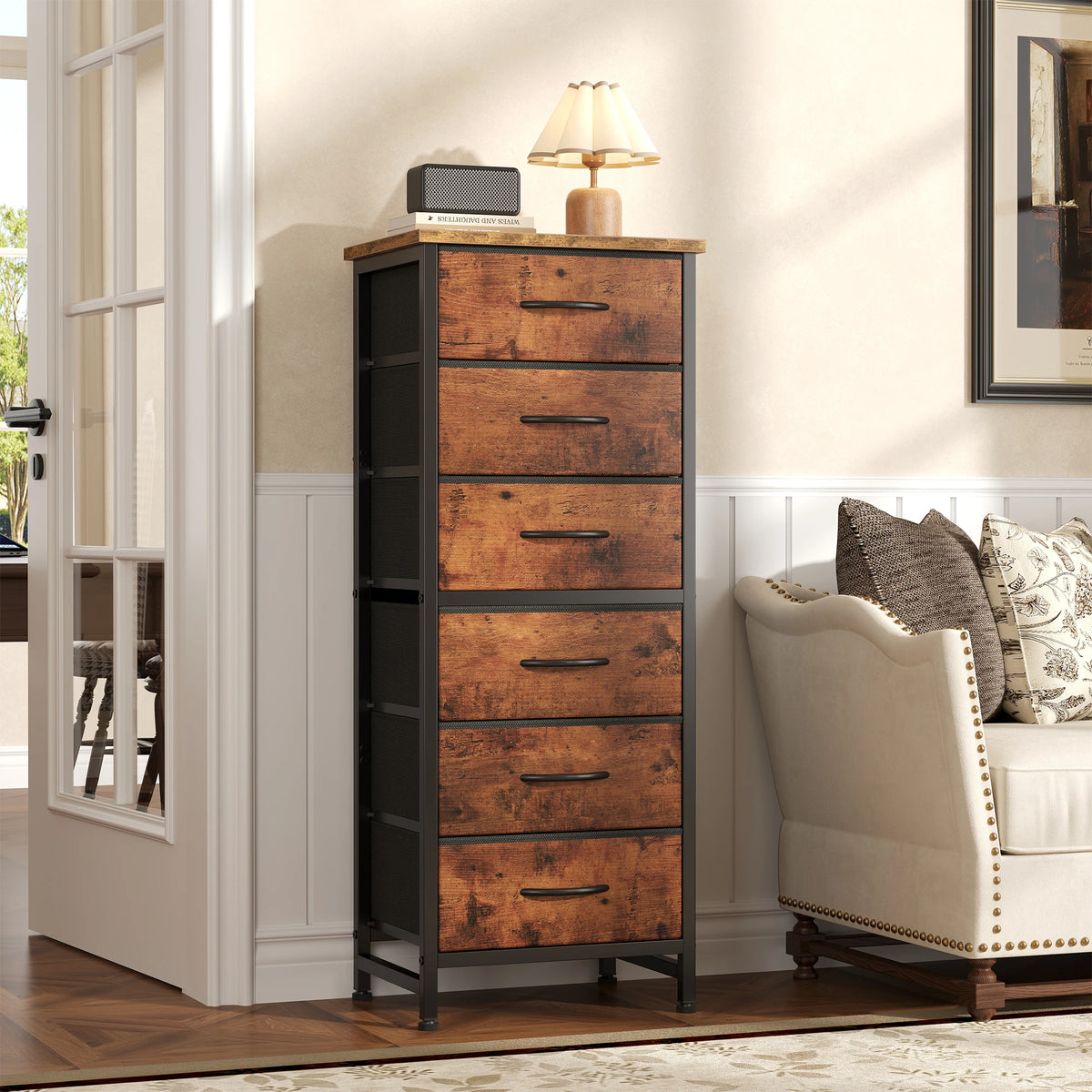 JHK 6 Fabric Drawer Dresser Wood Top Metal Frame Tower