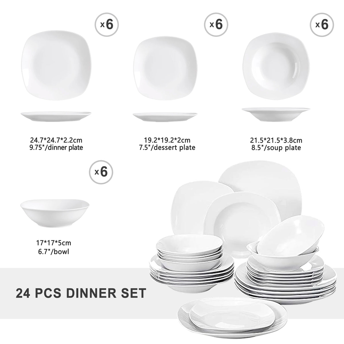 Malacasa 24 Pieces Ceramic Porcelain Dinnerware Set For Six