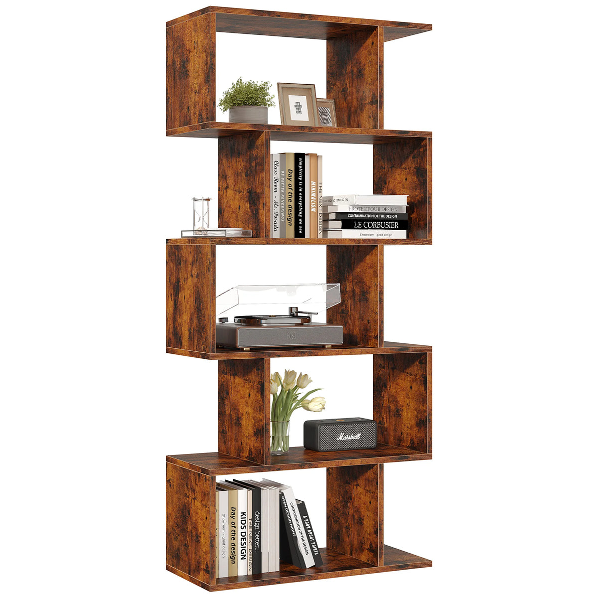 JHK Five Tier Geometric Wooden Bookcase Free Standing Display Shelf