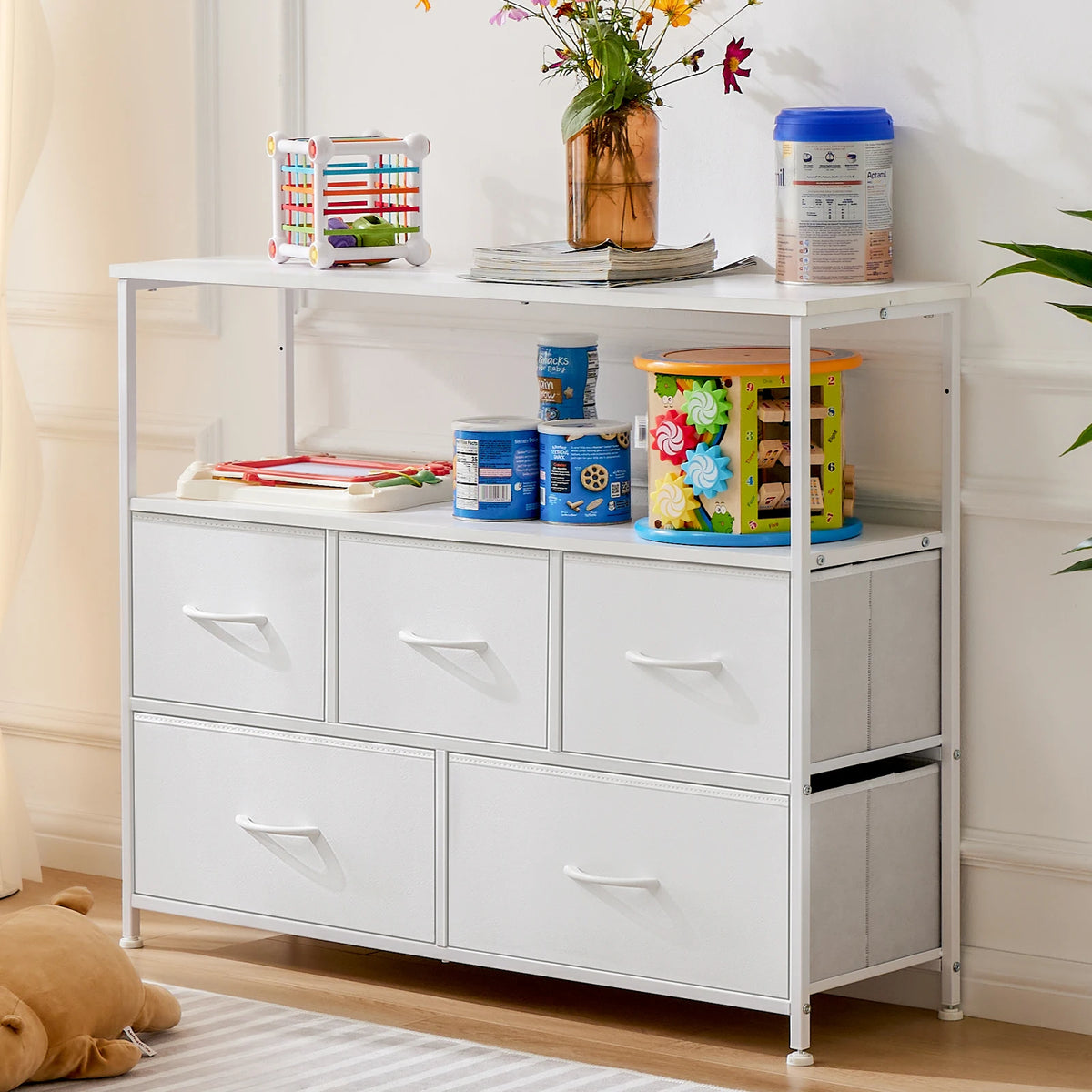 JHK TV Stand Dresser 5 Fabric Drawers Metal Storage Cabinet