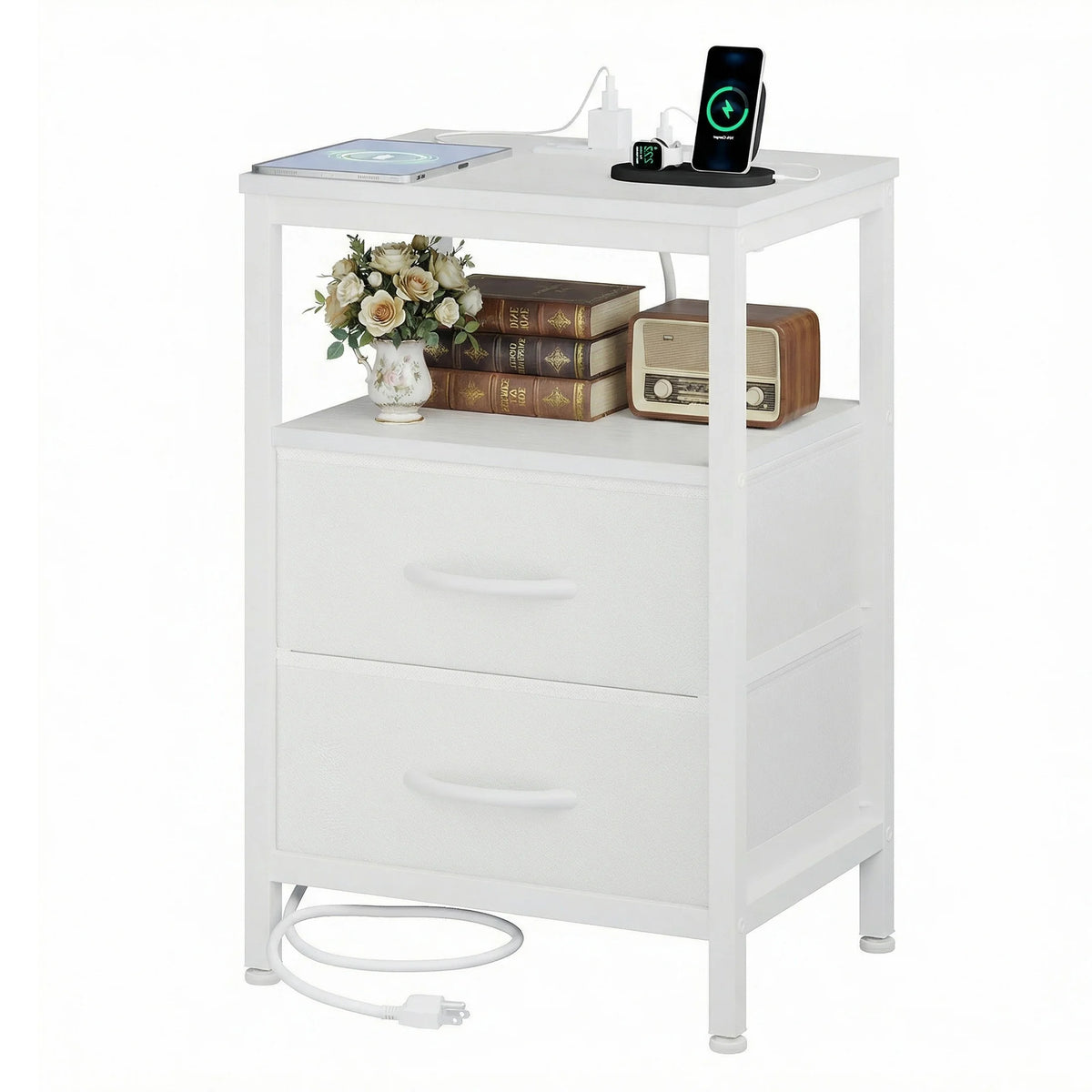 JHK Modern Nightstand With Fabric Drawers USB Charging Port Shelf