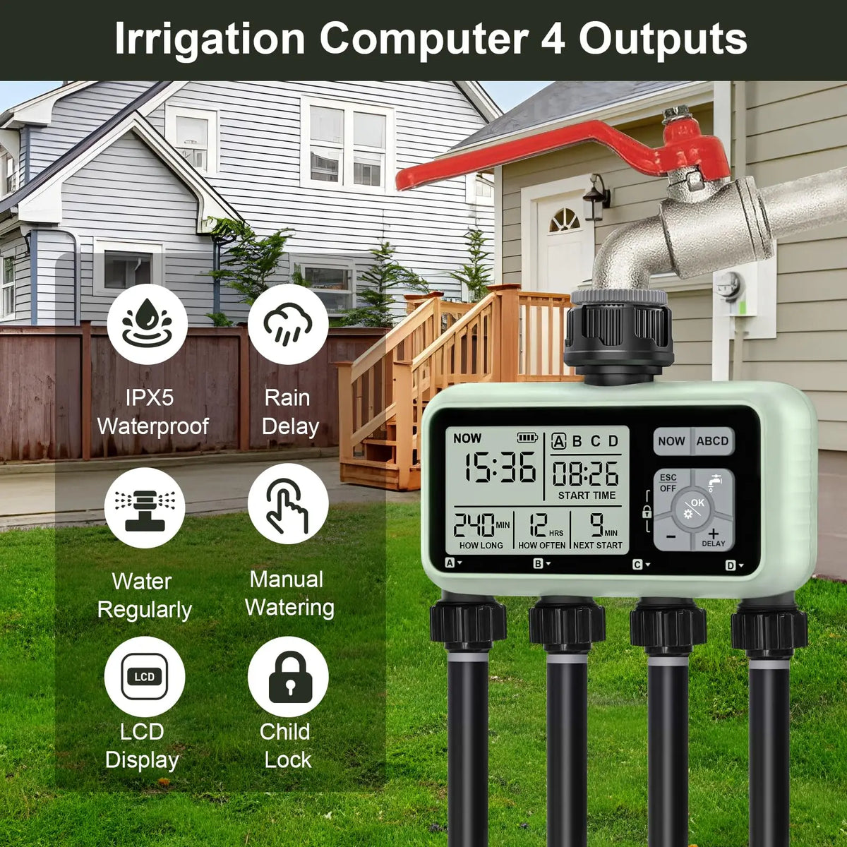 4 Zone Programmable Garden Watering Timer With Rain Delay And Auto Mode