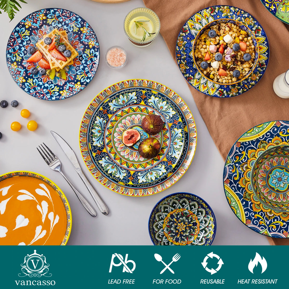 Malacasa 24 Piece Bohemian Plant Pattern Porcelain Dinnerware Set
