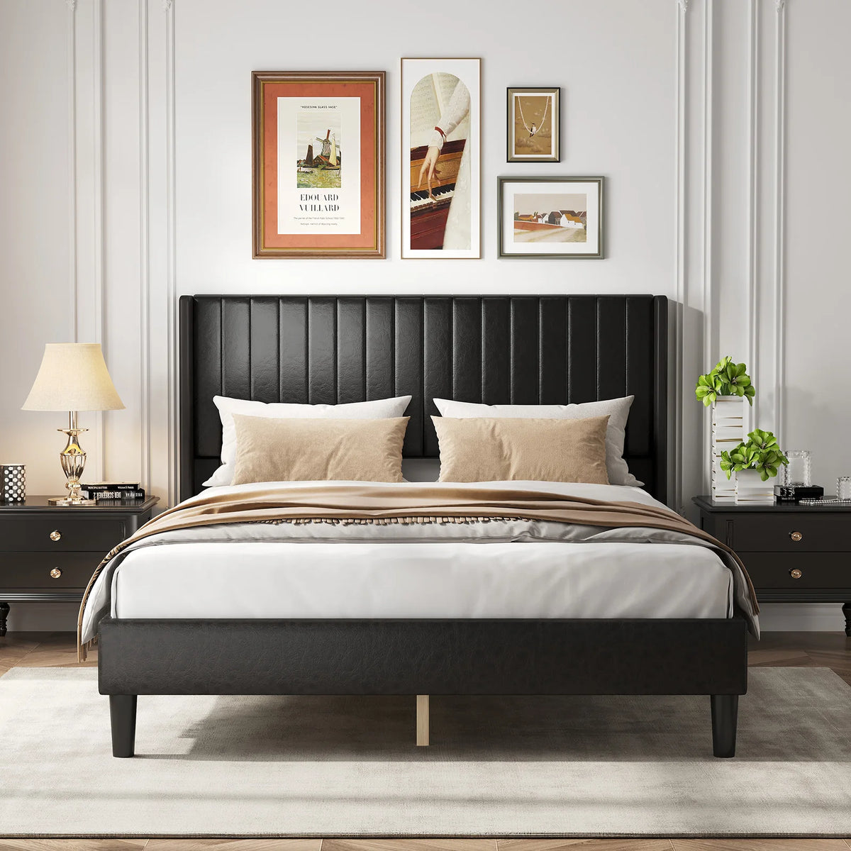 JHK Modern Wingback Platform Bed Frame With Upholstered Headboard Design