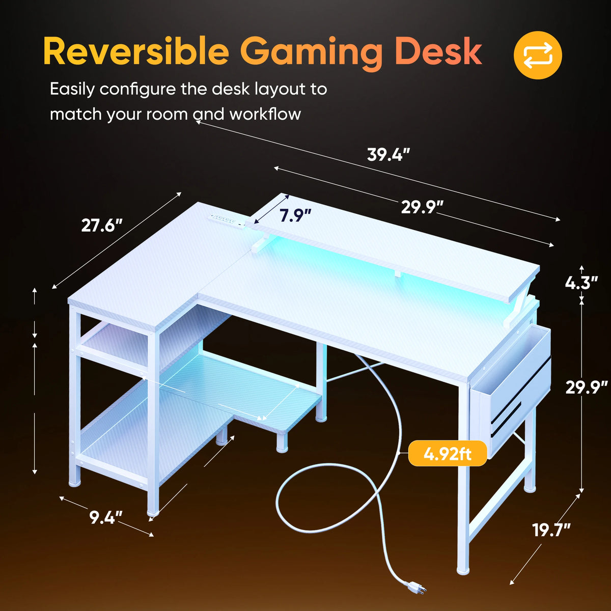 JHK L Shaped Computer Desk With Storage And LED Lights