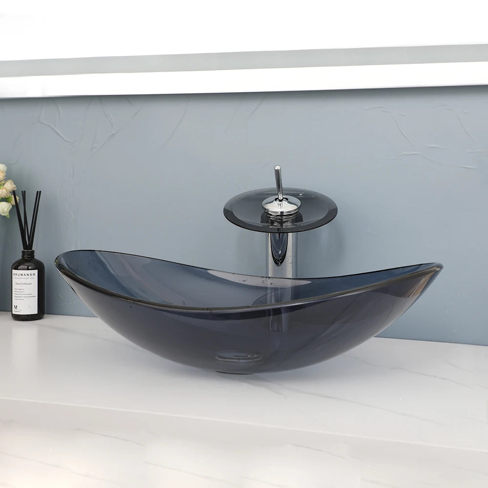 Mekkhala Tempered Glass Oval Vessel Sink For Above Counter