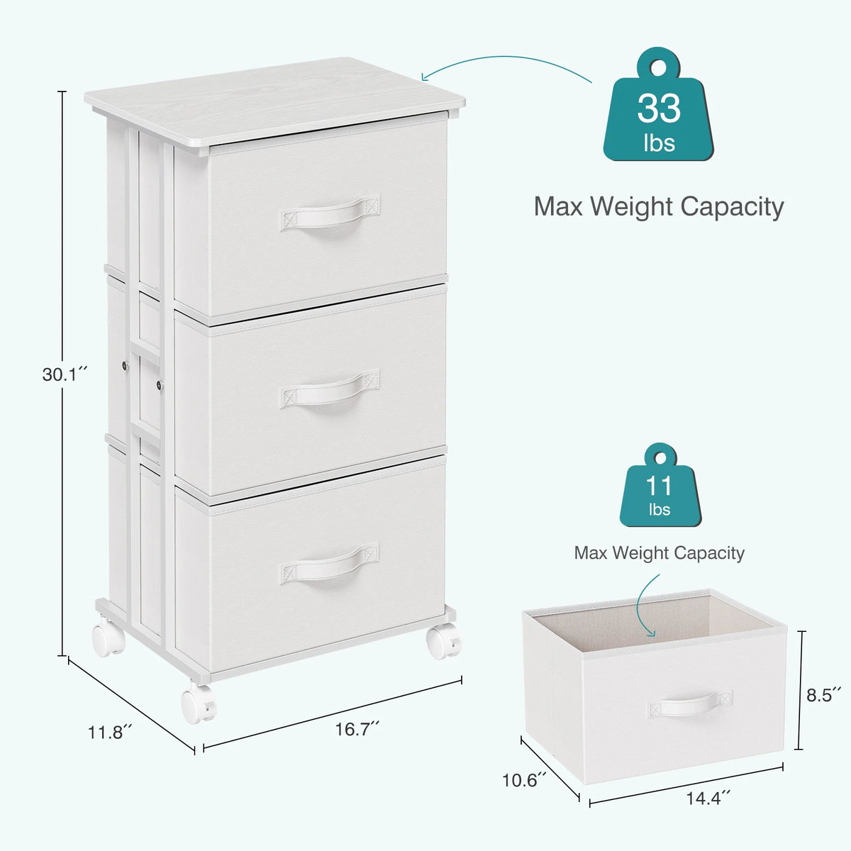 JHK 3 Drawer Rolling Dresser Storage Cabinet Steel Frame Organizer