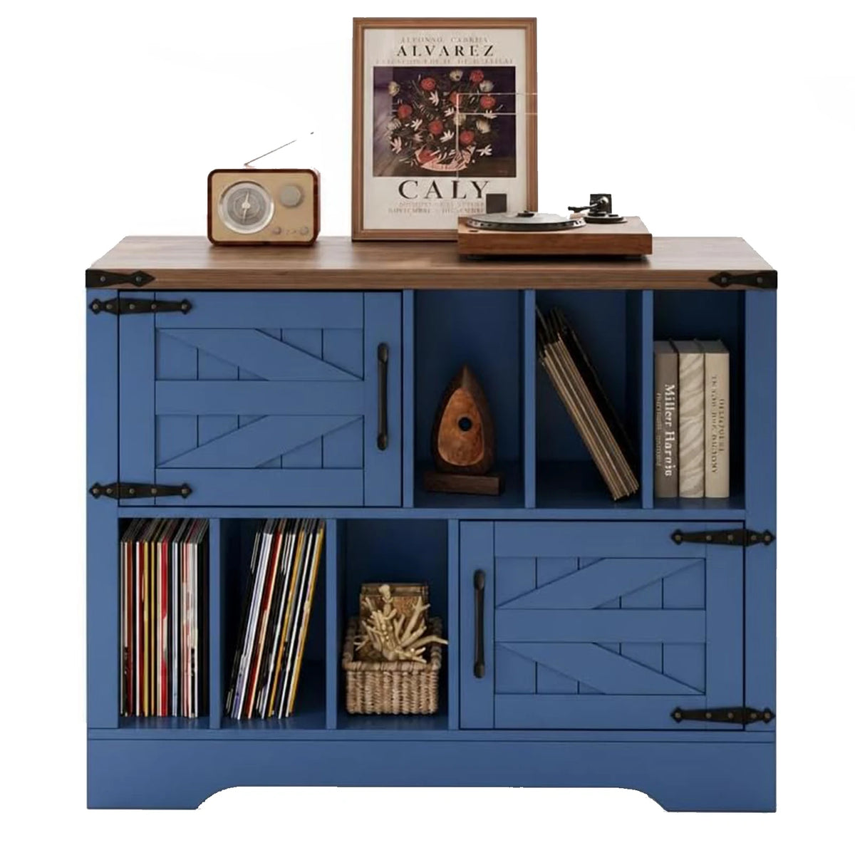HiMiss Farmhouse Vinyl Record Player Storage Cabinet With Barn Doors