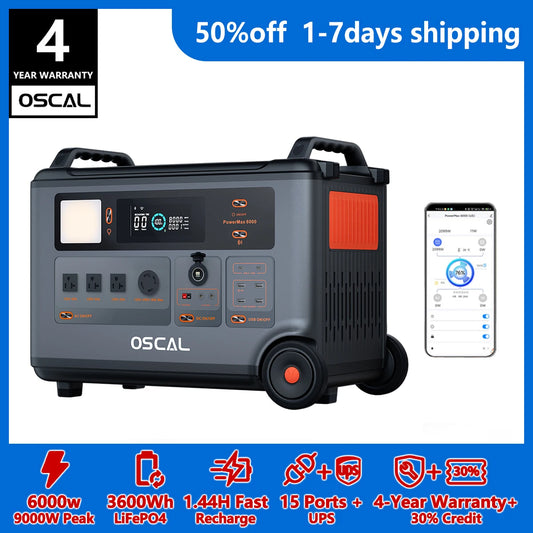 OSCAL PowerMax 6000 Portable Solar Generator With 3600Wh LiFePO4 Battery