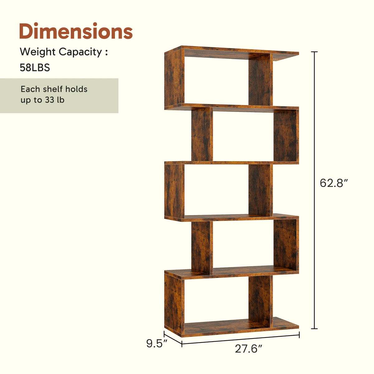 JHK Five Tier Geometric Wooden Bookcase Free Standing Display Shelf